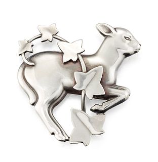 A GEORG JENSEN 'MIDNIGHT LAMB AND IVY' BROOCH, DESIGNED BY 