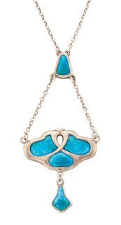 AN ART NOUVEAU SILVER AND ENAMEL PENDANT ON CHAIN, BY CHARL