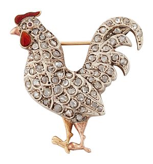 A DIAMOND COCKEREL BROOCH, modelled in standing pose with r