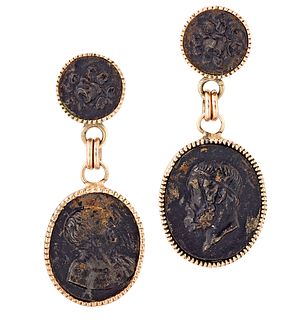 A PAIR OF IRON CAMEO PENDANT EARRINGS, oval iron plaques ea