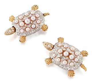 A PAIR OF CULTURED PEARL AND DIAMOND ARTICULATED TURTLE BRO