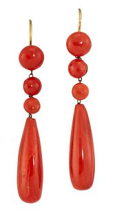 A PAIR OF CORAL DROP EARRINGS, each graduated line of caboc