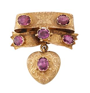 A VICTORIAN AMETHYST HEART BROOCH, formed of a double bow w