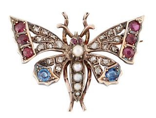A VICTORIAN RUBY, SAPPHIRE, PEARL AND DIAMOND BUTTERFLY BRO