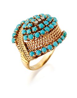 A MID-CENTURY TURQUOISE AND WHITE STONE DRESS RING, three r
