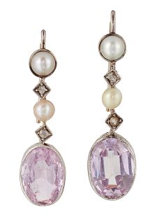 A PAIR OF PINK TOURMALINE, PEARL AND DIAMOND PENDANT EARRIN