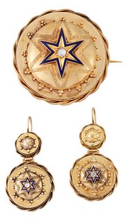 A VICTORIAN DIAMOND AND ENAMEL TARGET BROOCH AND EARRING SU