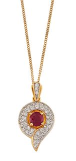 A RUBY AND DIAMOND PENDANT ON CHAIN, a round-cut ruby in a 