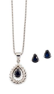 A SAPPHIRE AND DIAMOND PENDANT ON CHAIN AND A PAIR OF SAPPH