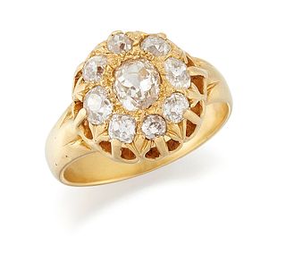 A DIAMOND CLUSTER RING, an old-cut diamond within a border 