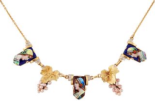 A LIMOGES ENAMEL AND SIMULATED PEARL NECKLACE, formed of th