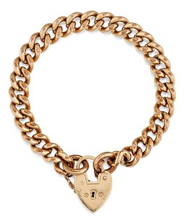 A CURBLINK BRACELET, with a heart-shaped padlock clasp stam