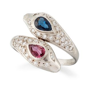 A SAPPHIRE, RUBY AND DIAMOND CROSSOVER RING, a pear-cut sap