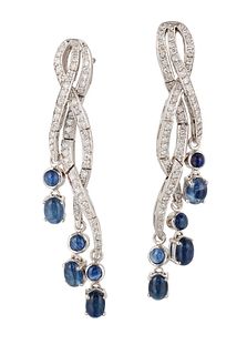 A PAIR OF SAPPHIRE AND DIAMOND PENDANT EARRINGS, overlappin