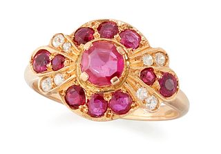 AN ART DECO-STYLE RUBY AND DIAMOND RING, a round-cut ruby i