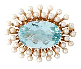 AN AQUAMARINE AND CULTURED PEARL BROOCH, the oval mixed-cut