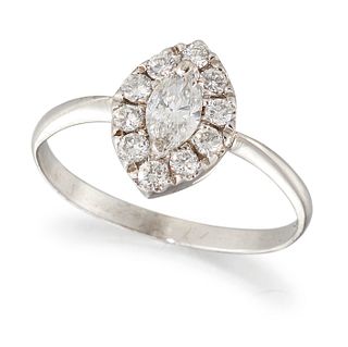 A DIAMOND NAVETTE CLUSTER RING, a marquise-cut diamond in a