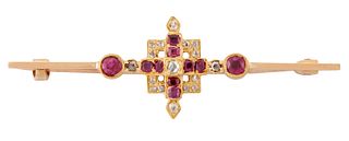 A RUBY AND DIAMOND BROOCH, a pierced square plaque set with