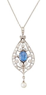 AN EARLY 20TH CENTURY SAPPHIRE AND DIAMOND PENDANT ON CHAIN
