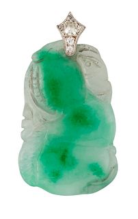 A JADE AND DIAMOND PENDANT, a carved jade plaque depicting 