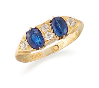 A LATE VICTORIAN 18CT GOLD SAPPHIRE AND DIAMOND RING, two o