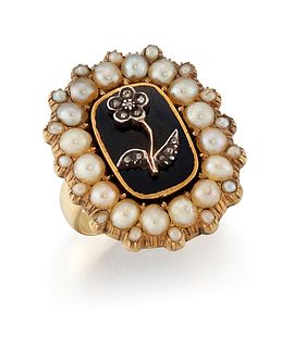 A PEARL, ENAMEL AND DIAMOND MOURNING RING, a diamond set fl