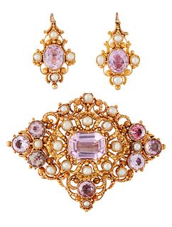 A 19TH CENTURY PINK TOPAZ AND PEARL BROOCH AND EARRING SUIT