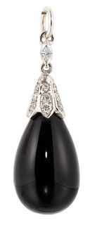 AN ONXY AND DIAMOND PENDANT, an onyx drop suspended from a 