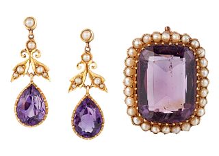 A PAIR OF VICTORIAN AMETHYST AND SEED PEARL EARRINGS AND AN