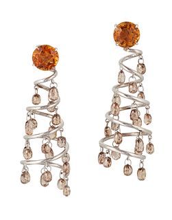 A PAIR OF CITRINE AND DIAMOND PENDANT EARRINGS, round-cut citrines in c