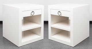 Modern White Lacquered End Tables, Pair