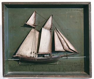 Early Carved Folk Art Sailboat Diorama