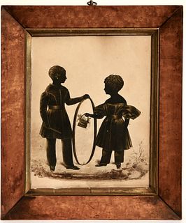 Silhouette of two Children with Hoop