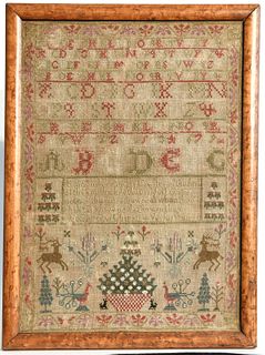 Needlework Sampler with Stags and Peacocks