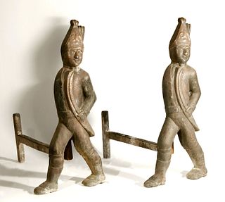 Unusual Cast Bronze Hessian Soldier Andirons