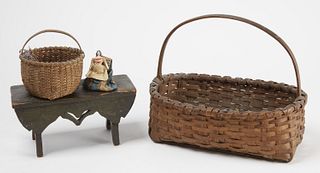 Two Early Baskets, a Painted Footstool and Doll