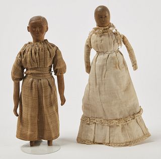 Two Early Folk Art Dolls with Carved Heads