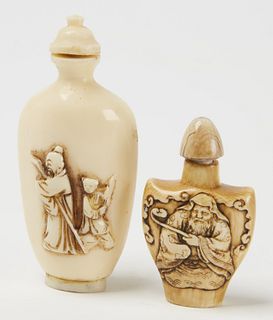 Two Chinese Carved Bone Snuff Bottles
