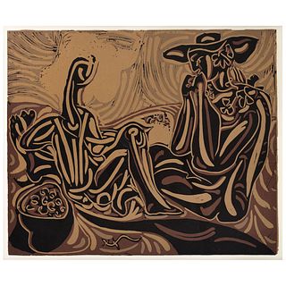 PABLO PICASSO, Les Vendangeurs, 1963, Unsigned, Linocut withour print number from edition of 520, 10.6 x 12.5" (27 x 32 cm)