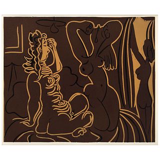 PABLO PICASSO, Trois femmes au réveil, from the binder 1963, Unsigned, Linocut without print number from edition of 520, 10.6 x 12.5" (27 x 32 cm)