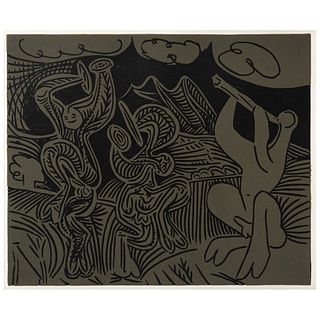 PABLO PICASSO, Bacchanale: flûtiste et danseurs aux cymbales, Unsigned, Linocut without print number from edition of 520, 10.6 x 12.5" (27 x 32 cm)