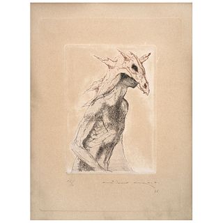 GUILLERMO MEZA, Untitled, Signed and dated 85, Etching P. T. / III, 5.9 x 4.3" (15 x 11 cm)