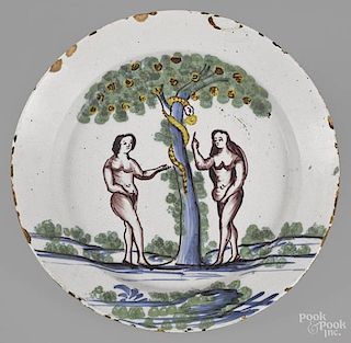 English Delft charger, mid 18th c., with polych