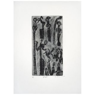 VÍCTOR CHA'CA, Juegos, Signed and dated 02, Dry point P / I, 10.6 x 5.5" (27 x 14 cm)