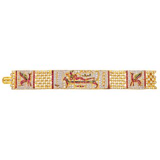 BRACELET WITH RUBIES, SAPPHIRES, EMERALDS & DIAMONDS IN 18K YELLOW GOLD, Box clasp with pressure safety, Weight: 69
