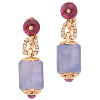 PAIR OF EARRINGS WITH RUBELITES, CHALCEDONIES, TOURMALINE AND DIAMONDS IN 18K YELLOW GOLD FROM THE BVLGARI FIRM