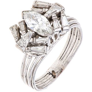RING WITH DIAMONDS IN PALLADIUM SILVER Weight: 5.3 g. Size: 8 ¼ 1 Marquise cut diamond ~ 1.0 ct Clarity: SI1 Co ...