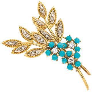   18K WHITE AND YELLOW GOLD DIAMOND AND TURQUOISE PIN Slide tube pin. Weight: 12.1 g.