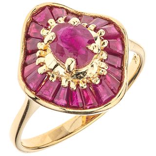RING WITH RUBY IN 14K YELLOW GOLD Weight: 3.9 g. Size: 7 ¼ 21 Rubies cut trapezoid and oval faceted ~ 1.36 c ...