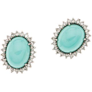 PAIR OF EARRINGS WITH TURQUOISES AND DIAMONDS IN SILVER PALLADIUM Weight: 10.2 g. Size: 0.62 x 0.74" (1.6 x 1.9 cm)